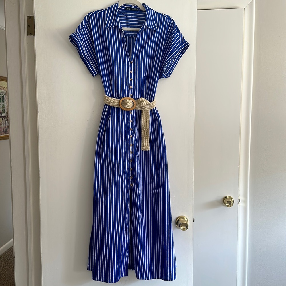 Zara Blue Striped Dress with Belt, Size M